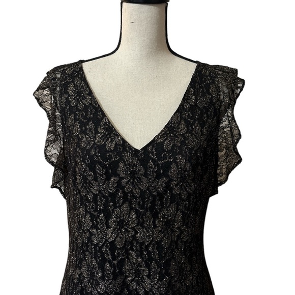 Tommy Hilfiger Black Gold Floral Mesh Lace Dress Flutter Sleeve Dress Sz. 12 - Picture 9 of 14